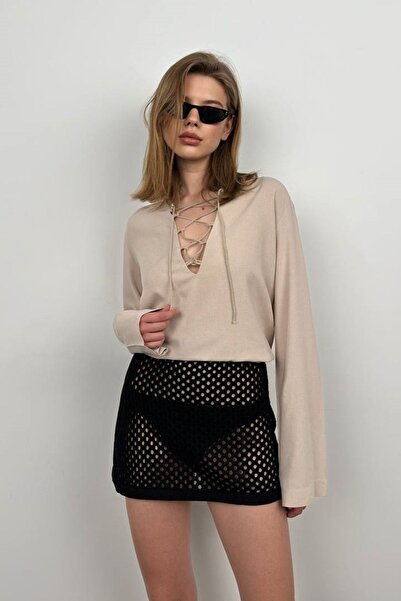 bayansepeti Λινό Μπεζ Μπλούζα - Λεπτομέρεια Δαντέλας, Μοντέλο 23S15016