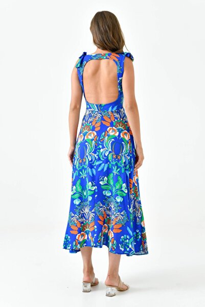 lovebox Sukienka damska midi z kwadratowym kołnierzykiem i kokardą w kwiatowy wzór, rozmiar 105