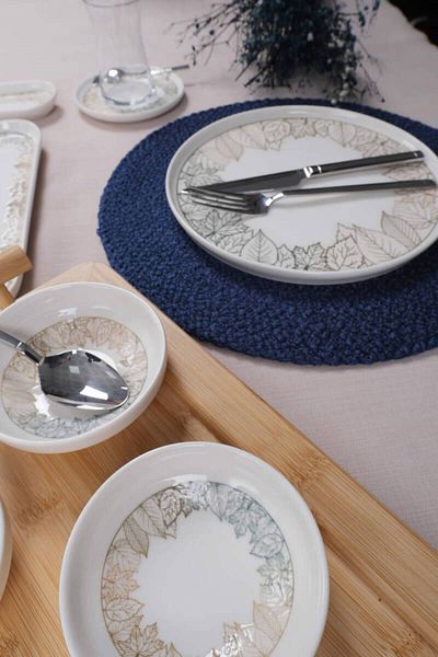 Eren Çini Seramiği 32 Piece Leaf Patterned Porcelain Breakfast Set
