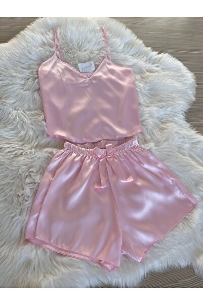 Pijamacs Σετ πιτζάμες Satin Powder Pink με σορτς - Κρεμάστρα με κορδόνι