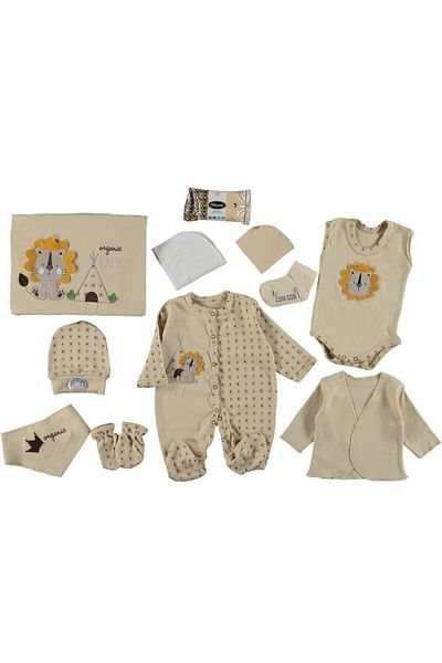 ConconBebe 10 Piece Boxed Certified Organic Pure Cotton Cute Lion Embroidered Brown Hospital Exit Set