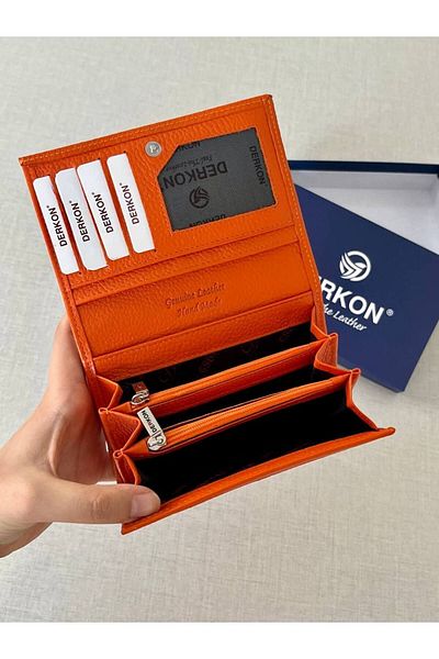 DERKON Mendy Model Useful Genuine Leather Medium Size Women's Wallet Orange Color