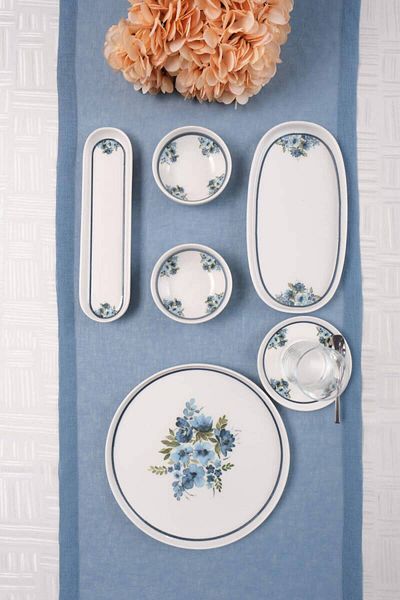 Eren Çini Seramiği 32 Piece Blue Floral Patterned Porcelain Breakfast Set