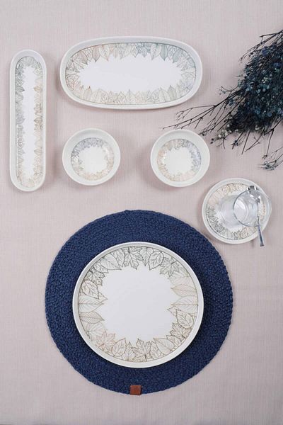 Eren Çini Seramiği 32 Piece Leaf Patterned Porcelain Breakfast Set