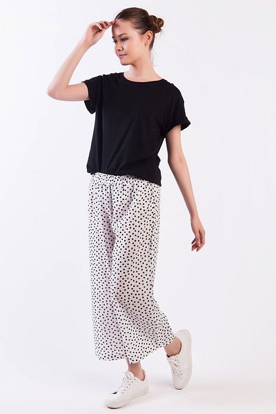 Akel Women's White-Black Large Black Polka Dot Trousers500116A