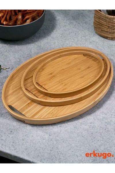 ERKUGO 3-Piece Bamboo Oval Tray - Serving and Scandinavian Tray Set, Tea Tray