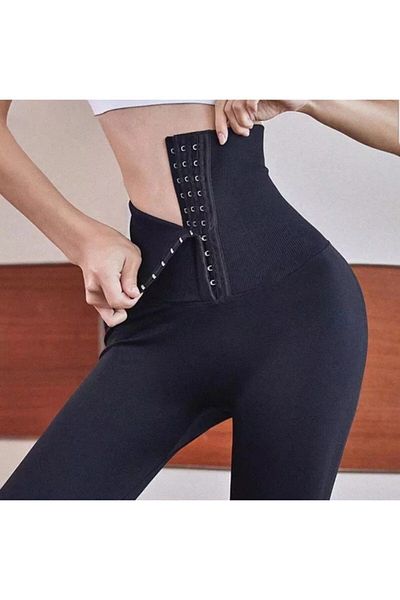 afillishop Women's Black Waist Agraphed Corset Leggings Waist Corset Leggings