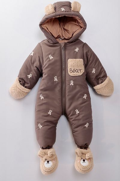 PODİUM GİYİM NEW Trend Baby Winter Furry Booties - Hooded Jumpsuit with Bear Figure