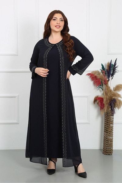 YASEŞA BUTİK Plus Size Fashionable Stone Detailed Navy Blue Evening Dress for Mother and Woman
