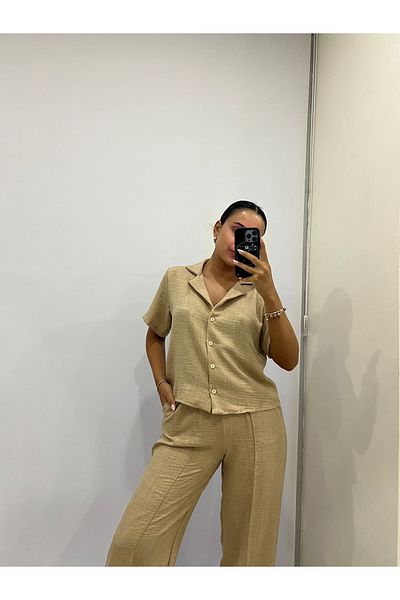 by-deryaaydin Beige Colored Linen Blended Loose Cut Trousers