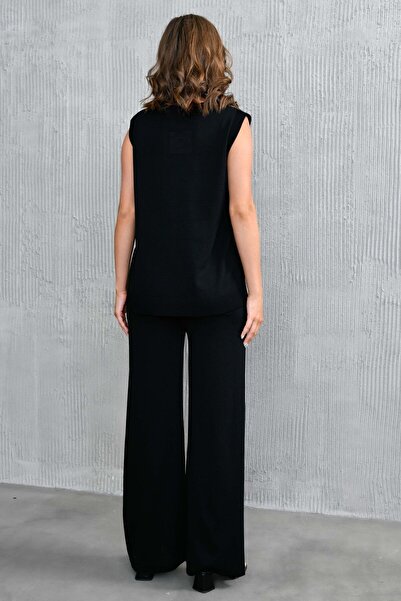 bayansepeti High Waist Wide Leg Trousers and Sleeveless Vest Black Knitwear Set - 103