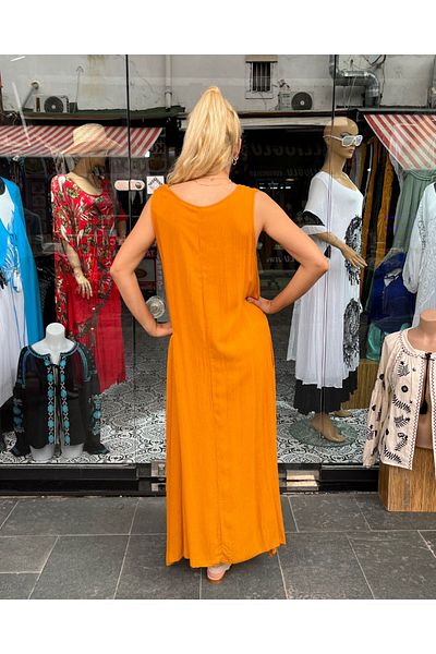 Sosyete Kaplumbağa Authentic Voile Cotton Embroidery and Handcrafted Mustard Yellow Maxi Dress