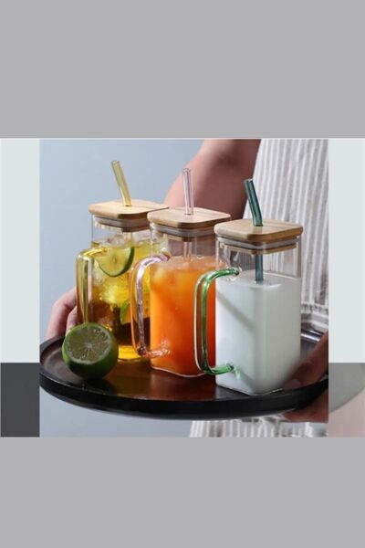 PİNK DESİGN KİTCHEN Isıya Dayanıklı Bambu Kapaklı Cam Pipetli Kare Bardak