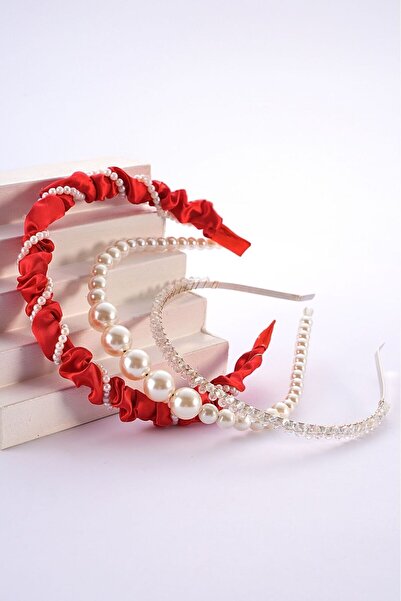 modernist Kırmızı Büzgülü,Taşlı,İncili Taç Seti