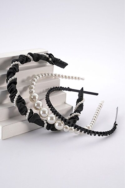 modernist Siyah Büzgülü,Taşlı,İncili Taç Seti