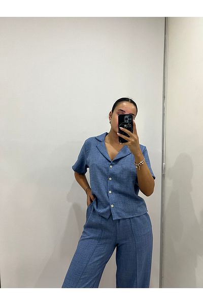 by-deryaaydin Indigo Blue Linen Blended Loose Cut Trousers