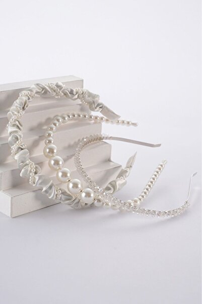 modernist Ekru Büzgülü,Taşlı,İncili Taç Seti