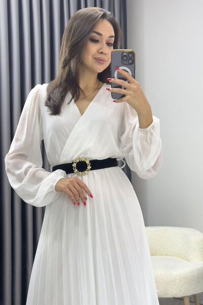 zks grup tekstil Kadın Piliseli Midi Kemerli Şifon Elbise  Beyaz, Siyah