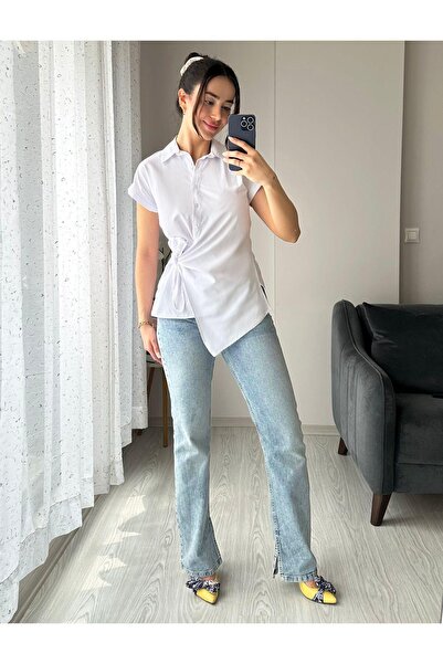 AB LOOKS Kadın Beyaz Yandan Bağlamalı Asimetrik Kolsuz Yazlık Gömlek Sıfır Ko...