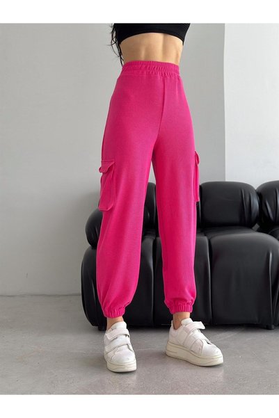 WEAR AND WEAR Kadın Fuşya Pembe Fitilli Esnek Beli Lastikli Kargo Cepli Jogge...