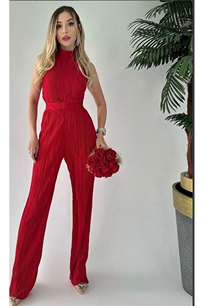 BEAUTY FASHİON Ribbed Sleeveless Halter Neck Women's Red Evening Dress Jumpsuit - Evening Dress & Graduation Jumpsuit Dress