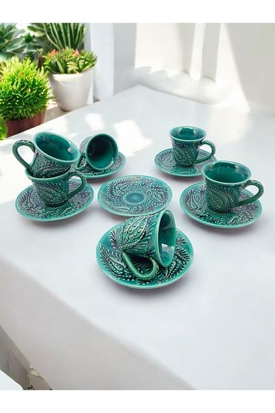 sharp&art Turquoise Green Tulip Model Real Handcrafted Coffee Cup Set