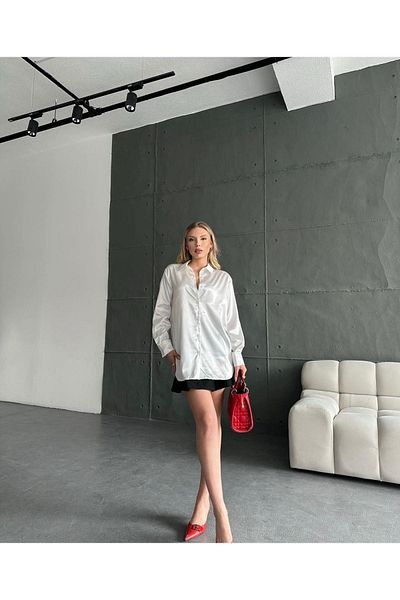 AB LOOKS Cămașă oversize, din satin strălucitor, cu nasturi