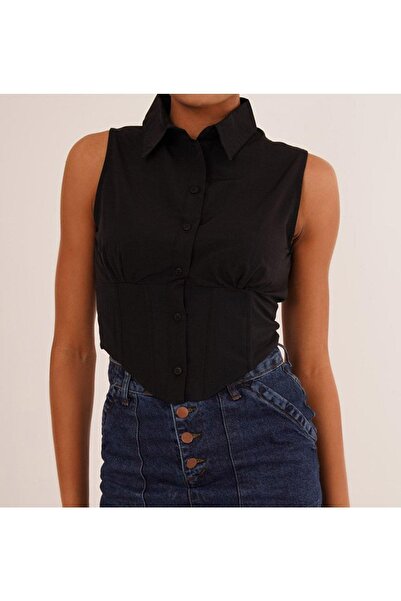 WEAR AND WEAR قميص نسائي أسود بدون أكمام بخصر مطاطي ومشد من قماش البوبلين Und...