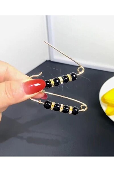 İMREN AKSESUAR Stoned and Black Beaded Brooch, 6 cm in Yellow Metal Color