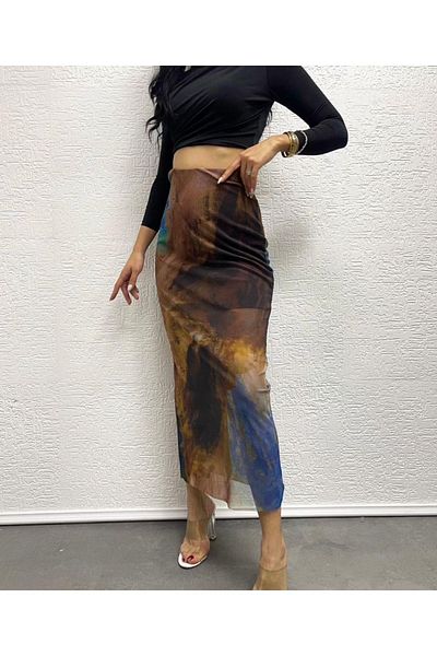 AB LOOKS Γυναικεία πολύχρωμη ψηφιακή εκτύπωση με φόδρα μακριά τούλινη φούστα Ελαστική μέση τούλινη φούστα