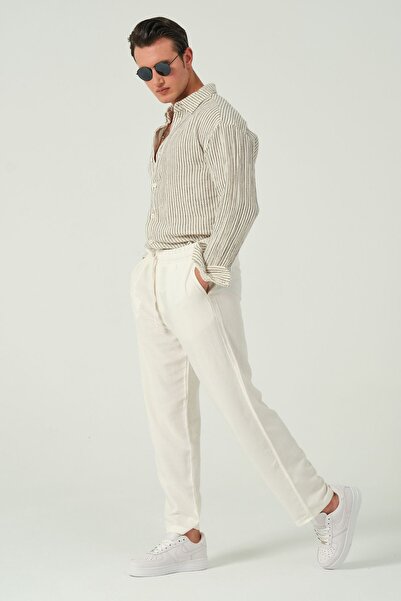 RELAXL Off-White Relaxed Linen Trousers - 100% Cotton, Wide Leg, Elastic Waist