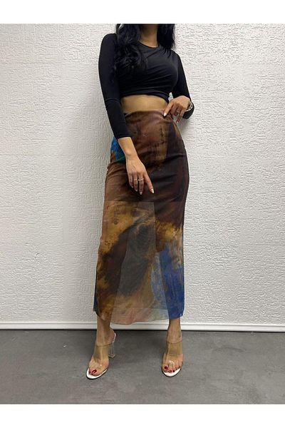 AB LOOKS Γυναικεία πολύχρωμη ψηφιακή εκτύπωση με φόδρα μακριά τούλινη φούστα Ελαστική μέση τούλινη φούστα