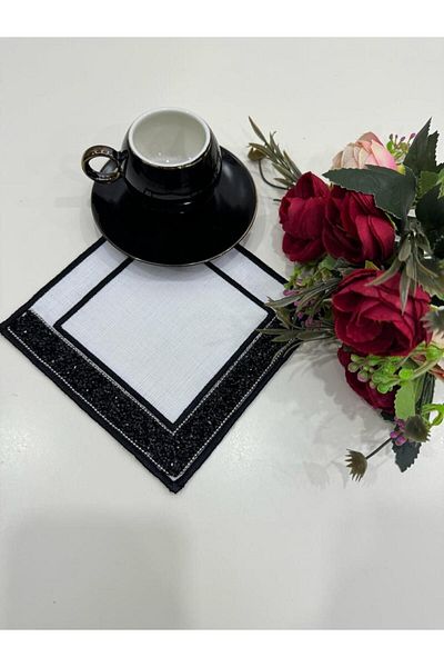 İNCİ ÇEYİZ 6 bucăți țesătură de in cu broderie cu piatră de cristal, șervețel și coaster pentru cafea.