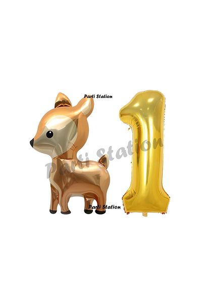 Parti Station 1 Year Old Deer Balloon Set - Cute Gazelle and Gold Number Birthday Set
