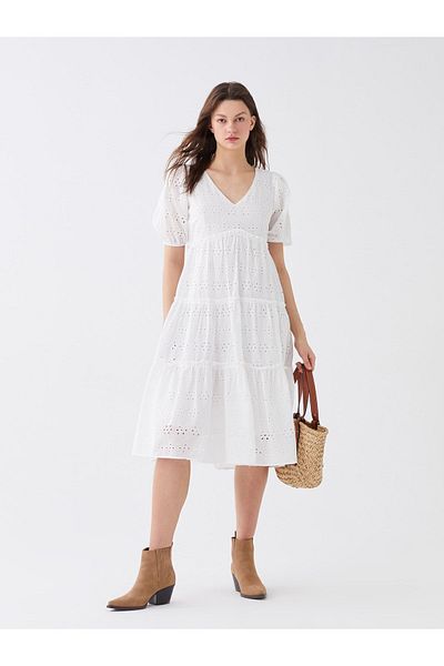 LC Waikiki Rochie de damă, cu decolteu în V, cu mâneci scurte, broderie