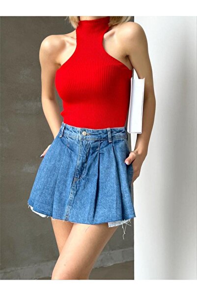 WEAR AND WEAR بلوزة نسائية ذات ياقة مدورة حمراء بدون أكمام وبلوزة محبوكة ومضلعة