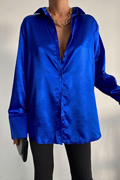 AB LOOKS قميص ساكس أزرق كبير الحجم للسيدات من الساتان اللامع بأزرار