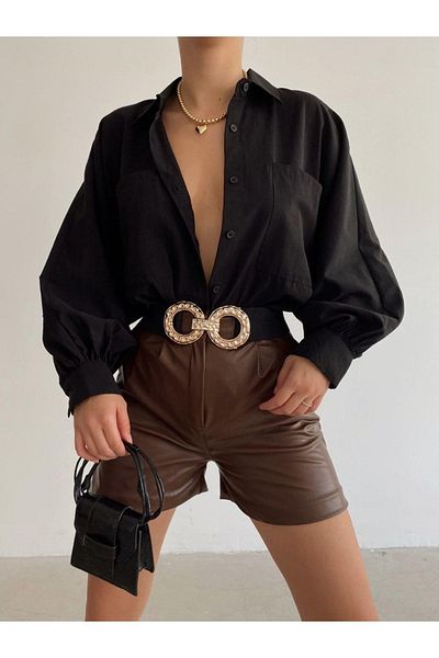 AB LOOKS Cămașă casual de damă, supradimensionată, cu mâneci cu balon, cu buzunare duble, din poplin
