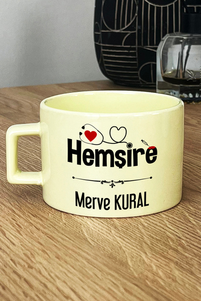 Hedizu Kişiye Özel Hemşire Pastel Fincan Sarı İsme Özel Tıp Bayramı Hediyesi