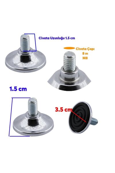 Badem10 Beyaz Eşya Raf Mobilya Bingo Rotil Ayakları M8 Civatalı 8 Mm Metal Profil Ayağı 1.5 Cm (4 ADET)