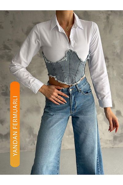 AB LOOKS Cămașă de blugi cu mânecă lungă, cu mânecă lungă, de damă, cu dungi, alb, albastru