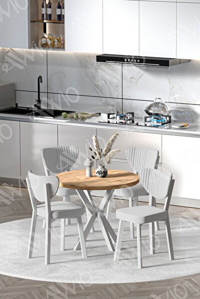 AVVİO ARTE  Beyaz Elma Sandalye 90X90 Yuvarlak Yemek Masası Mutfak Masası 4 K...