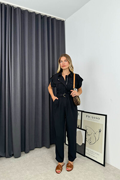 Sue Store Siyah Cepli Apolet Detaylı Tulum