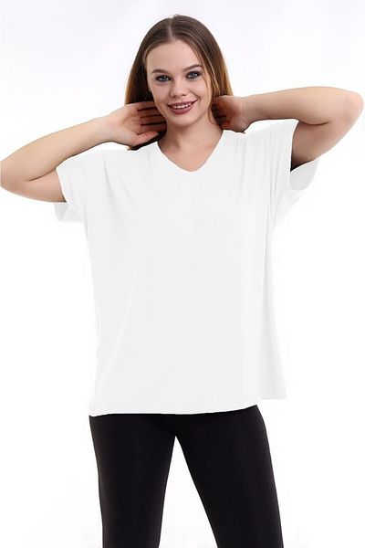 Devinka Women's White Large Size V-Neck Oversize Basic T-shirt