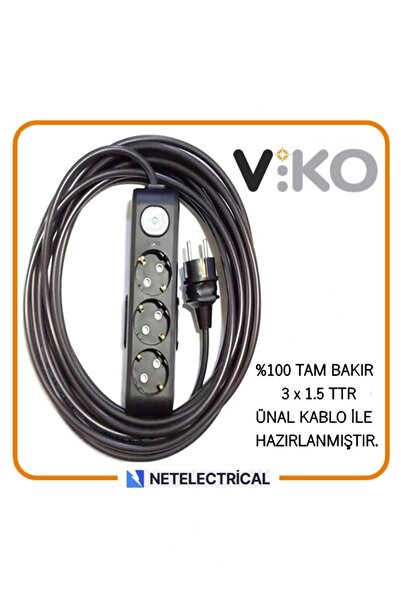 VİKO Multi-let Siyah 3'lü Anahtarlı 4 Metre Topraklı Çocuk Korumalı Kablolu G...