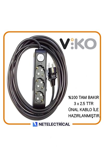 VİKO Multi-let Siyah 3'lü 7 Metre Anahtarlı Topraklı Ç.K (3x2.5 TTR TAM BAKIR...