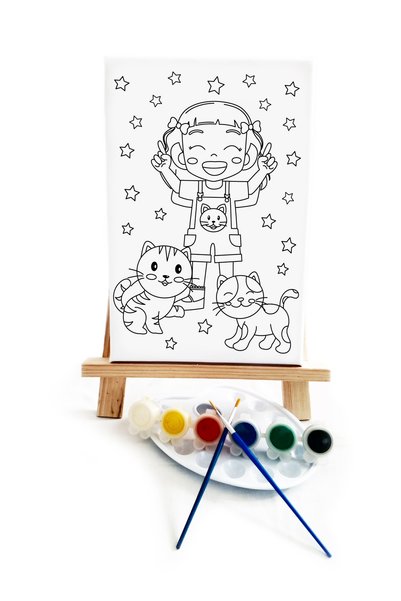 lilafil Girl Painter Set with Cat - 20 X 30 cm Canvas with Precription, 2 Brushes, Palette, Paints and Easels