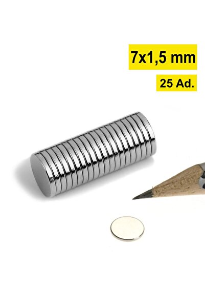 Dünya Magnet 25 Adet - Yuvarlak Neodyum Mıknatıs, 7x1,5 Mm, Güçlü Magnet, N35...