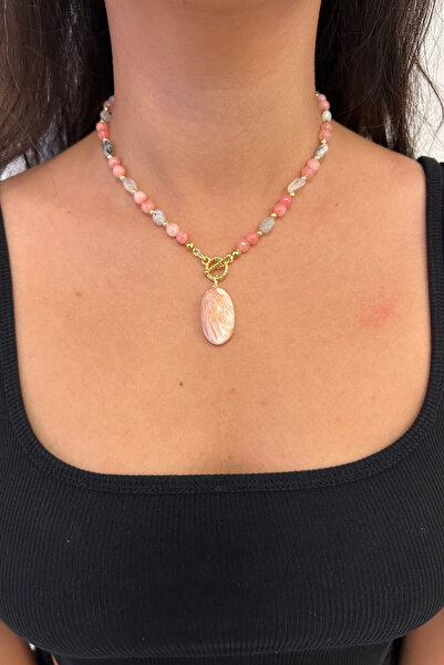 Suerte Accessories Pembe Opal ve Aytaşı Doğal Taş Güneş Taşı Doğaltaş Uçlu El...