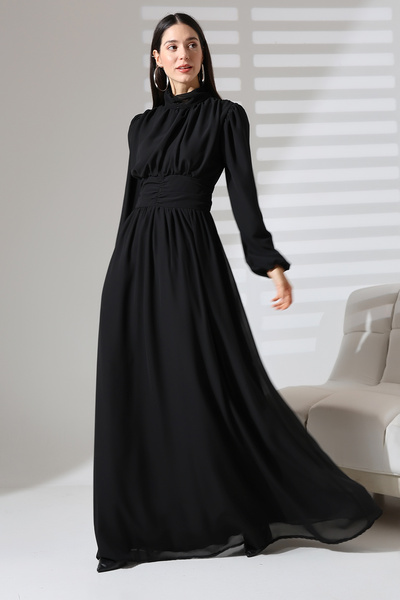 Mois Atelier Siyah Şifon Balıkçı Yaka Büzgülü Uzun Abiye Nikah Elbise Tasarım...